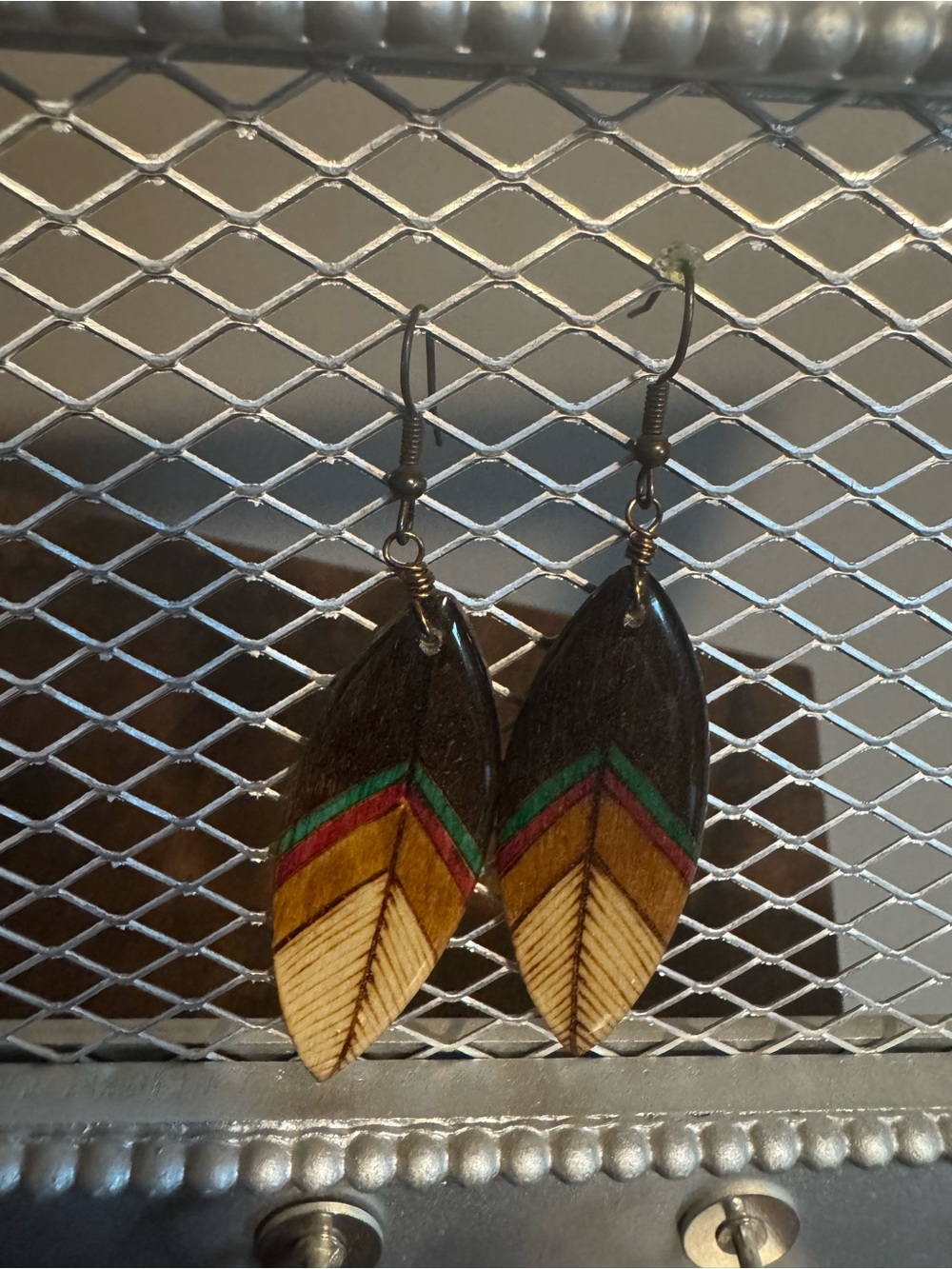 Handcrafted Wooden Feather Earrings with Colorful Chevron Detailing